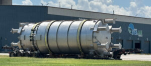 A tank destined for pharmaceutical production, weighing 51 tons, 44 feet long and 18 feet wide, awaits forwarding from Ports of Indiana-Mount Vernon on July 28, 2025.